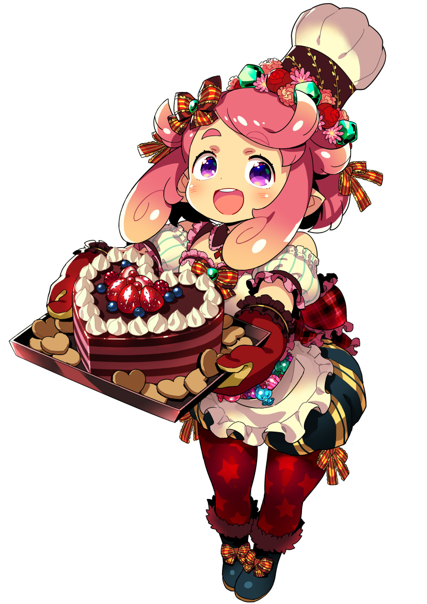 :d absurdres apron blueberry blush boots bow cake candy chef_hat cookie detached_sleeves female flower food frilled_apron frilled_ribbon frilled_sleeves frills fruit full_body fur-trimmed_boots fur_trim gem gradient_hair hair_flower hair_ornament hairbow hat heart-shaped_cake highres himukai_yuuji holding holding_tray idola_phantasy_star_saga medium_hair multicolored_hair orange_hair oven_mitts phantasy_star phantasy_star_online_2 pink_hair popo_pudding puffy_short_sleeves puffy_shorts puffy_sleeves purple_eyes red_legwear ribbon short_sleeves shorts simple_background smile solo standing star_(symbol) star_print strawberry tareme teeth toque_blanche tray upper_teeth_only white_background wrapped_candy