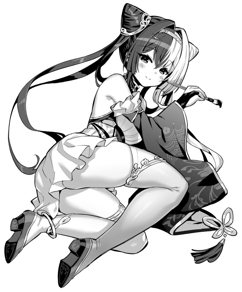 azur_lane bare_shoulders calligraphy_brush commentary cone_hair_bun dress female greyscale hair_between_eyes hair_bun highres hori_(hori_no_su) long_hair lying monochrome multicolored_hair paintbrush single_thighhigh thighhighs two-tone_hair ying_swei_(azur_lane)