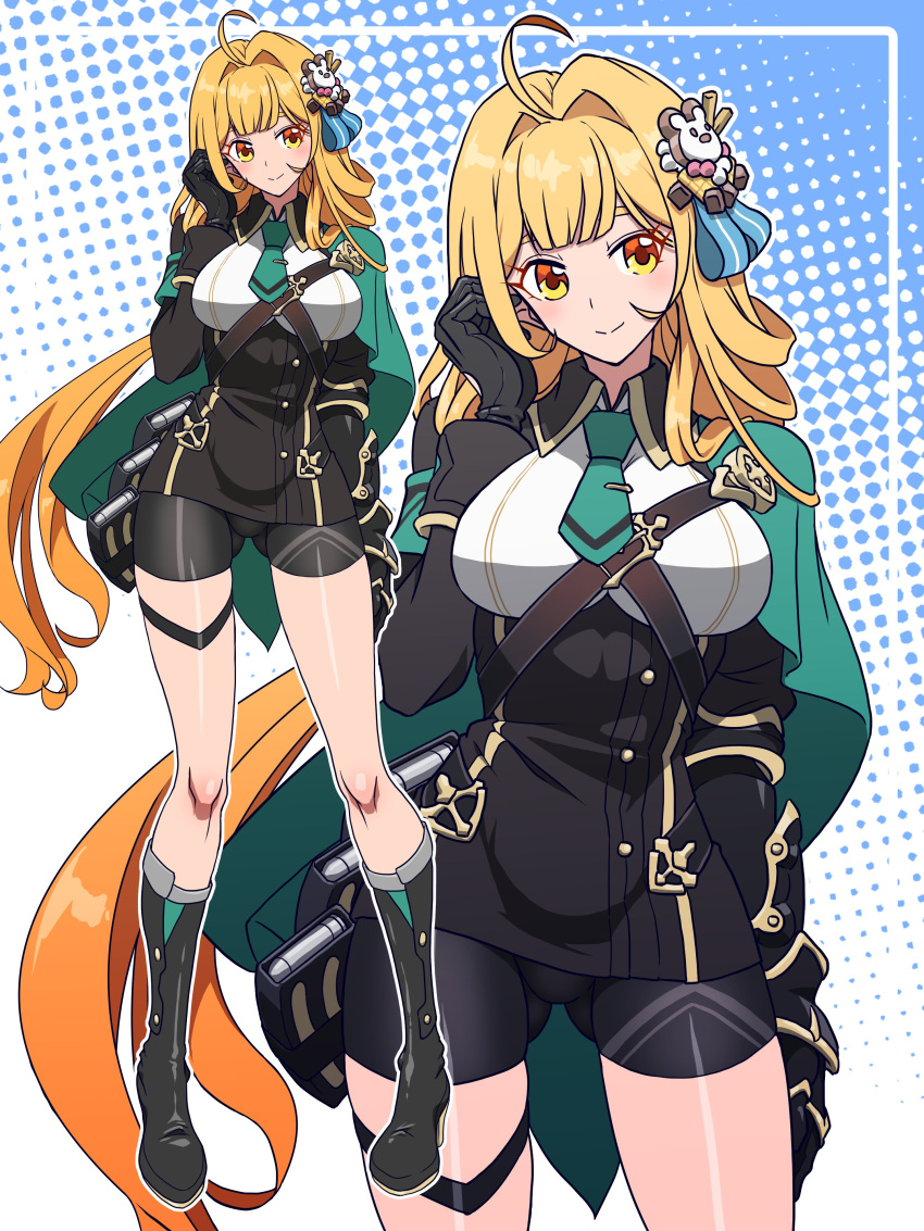 absurdres ahoge black_footwear black_gloves black_shorts blonde_hair boots breasts cape closed_mouth commentary_request female gloves green_cape green_necktie hair_ornament highres honkai_(series) honkai_impact_3rd imtmcomics large_breasts long_hair long_sleeves looking_at_viewer magazine_(weapon) necktie official_alternate_costume outline shorts smile standing susannah_manatt susannah_manatt_(valkyrie_quicksand) very_long_hair white_outline zoom_layer