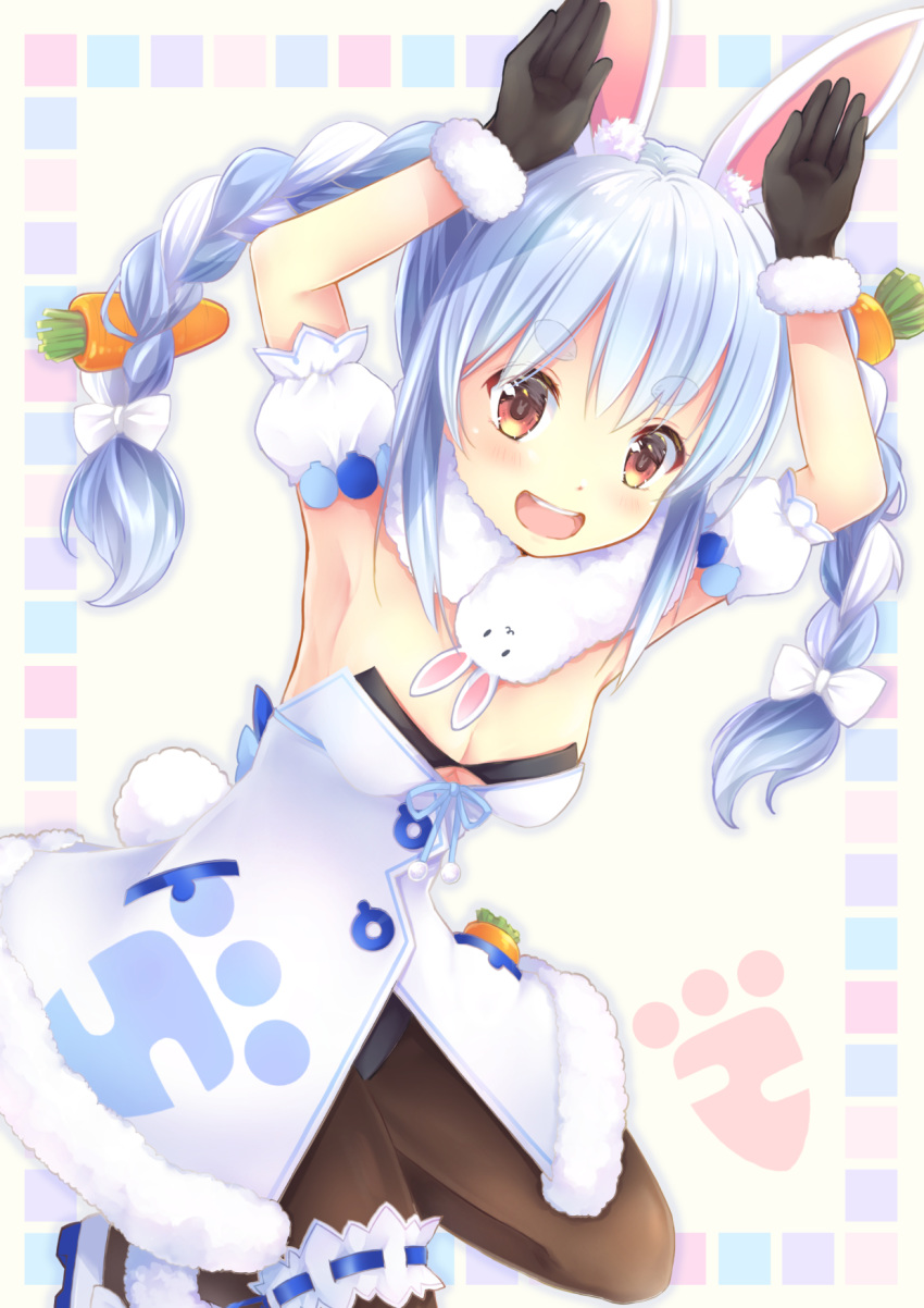 :3 :d animal_ear_fluff animal_ears armpits arms_up artist_name black_pantyhose blue_hair blush border bow braid breasts bridal_garter carrot_hair_ornament cleavage coat commentary don-chan_(usada_pekora) english_commentary eyes_visible_through_hair feet_out_of_frame female food-themed_hair_ornament hair_between_eyes hair_ornament hair_over_eyes hairbow highres hololive kneeling long_hair looking_at_viewer maya_(tirolpop) multicolored_hair open_mouth orange_eyes outside_border pantyhose parted_hair playboy_bunny rabbit_ears rabbit_girl rabbit_pose rabbit_tail short_eyebrows sidelocks simple_background smile solo symbol_in_eye tail teeth thick_eyebrows twin_braids two-tone_hair upper_teeth_only usada_pekora usada_pekora_(1st_costume) virtual_youtuber white_bow white_coat white_hair