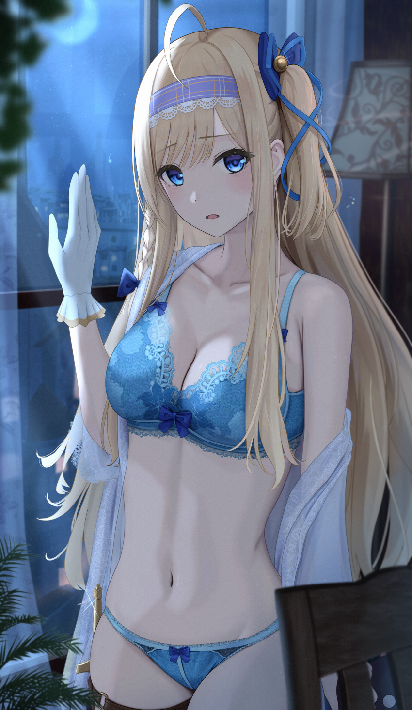 absurdres ahoge blonde_hair blue_bow blue_bra blue_eyes blue_hairband blue_panties blue_ribbon bow bow_bra bow_panties bra braid breasts cleavage collarbone commission crescent_moon female gloves hair_between_eyes hair_ribbon hairband hairbow highres inaka_44 indoors lingerie long_hair looking_at_viewer medium_breasts moon navel night off_shoulder open_mouth original panties plaid_hairband ribbon shirt skeb_commission solo thigh_strap underwear white_gloves white_shirt window