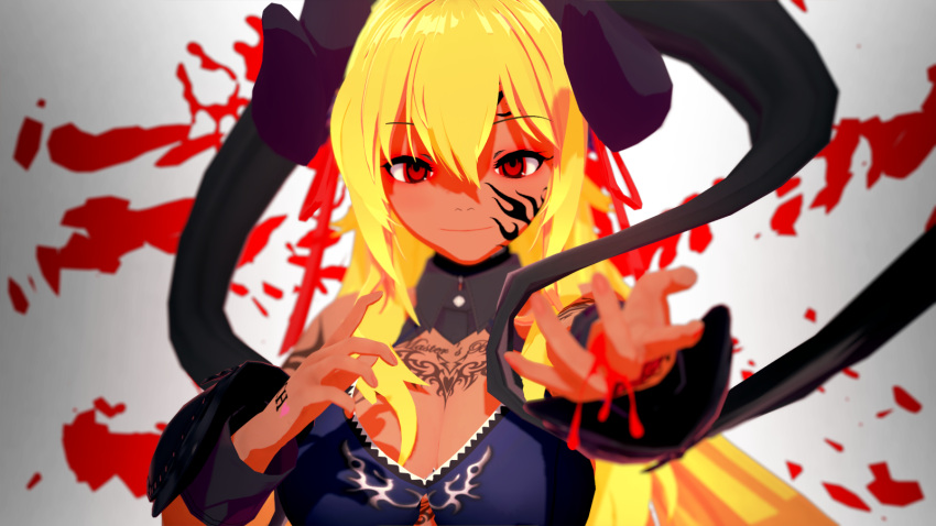 3d alternate_costume alternate_eye_color alternate_skin_color blonde_hair body_writing breasts cleavage commentary_request corruption dark_persona dark_skin demon_horns dragalia_lost english_text female hair_ornament hair_ribbon highres horns junazura koikatsu_(medium) looking_at_viewer midriff morsayati official_alternate_costume possessed purple_background reaching reaching_towards_viewer ribbon tattoo zethia