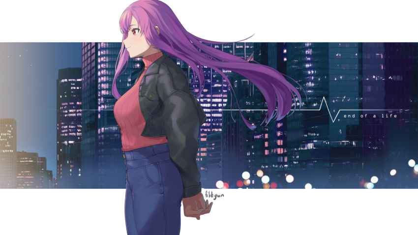 alternate_costume arms_behind_back artist_name black_jacket breasts building casual city_lights cityscape closed_mouth commentary cowboy_shot denim end_of_a_life_(mori_calliope) english_text female fikkyun from_side high-waist_pants highres hololive hololive_english interlocked_fingers jacket jeans letterboxed long_hair long_sleeves medium_breasts mori_calliope night night_sky open_clothes open_jacket outside_border pants pink_hair purple_hair red_eyes red_sweater shirt_tucked_in sky skyscraper smile solo standing sweater turtleneck turtleneck_sweater virtual_youtuber