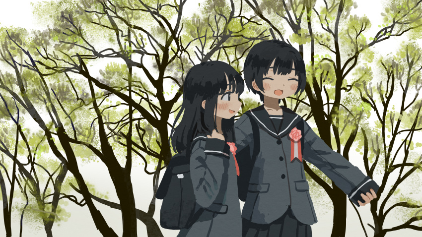 2girls absurdres backpack bag black_hair black_skirt blush closed_eyes commentary english_commentary flower highres long_hair long_sleeves multiple_girls open_mouth original outdoors pink_flower pleated_skirt profile ribbon school_uniform short_hair skirt sleeves_past_wrists smile tree uniform upper_body zinbei