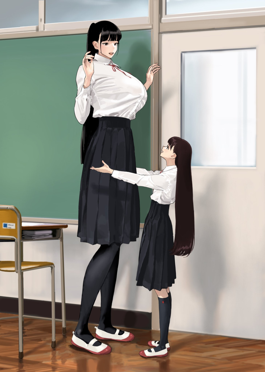 2girls black_legwear breasts classroom commentary_request happy height_difference high-waist_skirt highres hiramedousa huge_breasts indoors light_blush long_hair long_skirt looking_at_another looking_down looking_up multiple_girls open_mouth original pantyhose ponytail protected_link school_uniform shirt_tucked_in shoes simple_background size_difference skirt smile socks tall_female uwabaki very_long_hair yuri