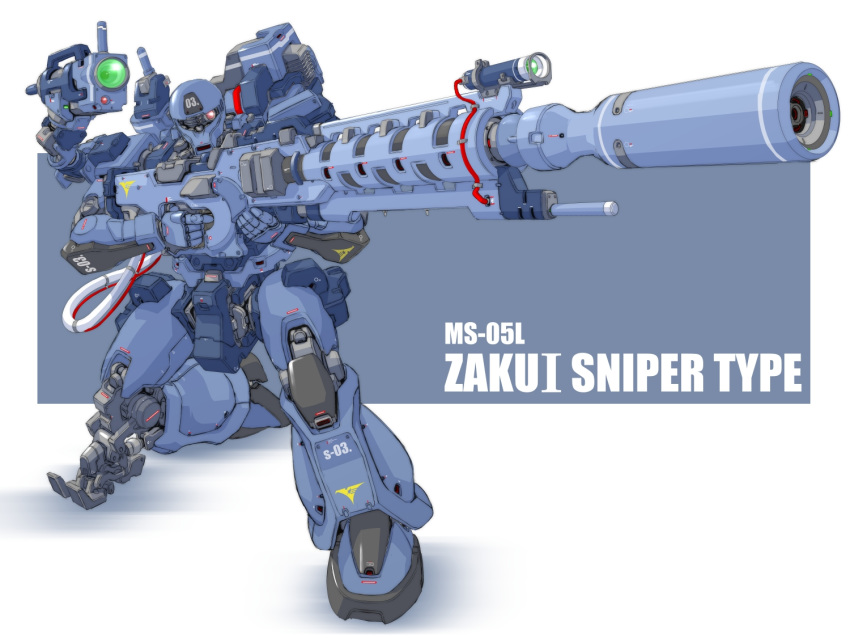 aiming backpack bag beam_rifle cable camera character_name energy_gun generator gun gundam gundam_unicorn looking_to_the_side mao_(6r) mecha no_humans on_one_knee one-eyed pink_eyes redesign rifle robot sniper_rifle solo weapon zaku zaku_i_sniper_type