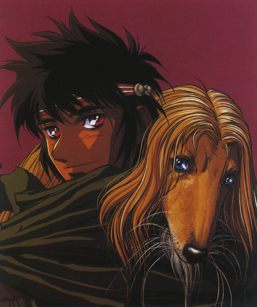 1990s_(style) 1boy animal blue_eyes canine headband highres light_smile looking_at_viewer non-web_source official_art orson photoshop_(medium) record_of_lodoss_war red_background red_eyes retro_artstyle scan short_hair simple_background whiskers yuuki_nobuteru