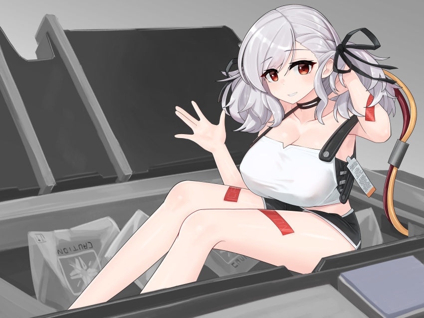 \||/ absurdres arm_behind_head awakening_(neural_cloud) black_ribbon black_shorts breasts cable choker cleavage collarbone dated_commentary dolphin_shorts female girls'_frontline girls'_frontline_neural_cloud grey_hair grin hair_ribbon highres in_container large_breasts legs long_hair looking_at_viewer nabiyan red_eyes ribbon shorts smile solo spas-12_(girls'_frontline) waving