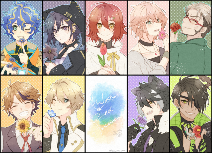 6+boys :d :o ;) ^_^ animal_ears animal_hood anniversary aragami_oga arurandeisu astel_leda beard black_choker black_flower black_gloves black_hair black_jacket black_shirt black_vest blonde_hair blue_eyes blue_flower blue_hair blue_necktie bodysuit bodysuit_under_clothes bracelet brown_vest camellia cat_hood choker closed_eyes collar collared_shirt column_lineup copyright_name daisy dark-skinned_male dark_skin ear_piercing earrings everyone eyepatch facial_hair flower from_behind from_side fur-trimmed_jacket fur_trim gem gerbera glasses gloves gold_trim green_eyes green_gemstone green_jacket green_necktie grey_hair grin hair_between_eyes hair_flower hair_ornament hair_over_one_eye hair_slicked_back hair_strand hairclip half_gloves half_updo hanasaki_miyabi highres hirokabii holding holding_flower holostars hood hooded_jacket horns index_finger_raised jackal_boy jackal_ears jacket jewelry kageyama_shien kanade_izuru kishido_temma lapel_pin light_blush lightning_bolt_hair_ornament lightning_bolt_symbol lily_(flower) looking_at_viewer looking_back male_focus mature_male mole mole_under_eye multicolored_hair multiple_boys neck_ribbon necklace necktie nemophila_(flower) no_bangs oerba_yun_fang one_eye_closed open_clothes open_jacket open_shirt orange_hair orange_jacket padded_jacket parted_bangs partially_fingerless_gloves pendant pendant_choker piercing pink_flower pink_hair polka_dot polka_dot_background portrait purple_eyes purple_flower purple_rose purple_shirt red-framed_eyewear red_flower red_hair red_ribbon red_rose ribbon rikka_(holostars) rose sharp_teeth shirt shirt_under_shirt short_hair sideways_glance signature single_earring single_horn single_sleeve sleeves_past_wrists smile spiked_collar spikes straight-on streaked_hair sunflower sweater teeth tie_clip tulip turtleneck two-tone_hair undershirt v-neck v-shaped_eyebrows vest virtual_youtuber wavy_hair white_jacket white_necktie white_shirt white_sweater yellow_eyes yellow_ribbon yukoku_roberu