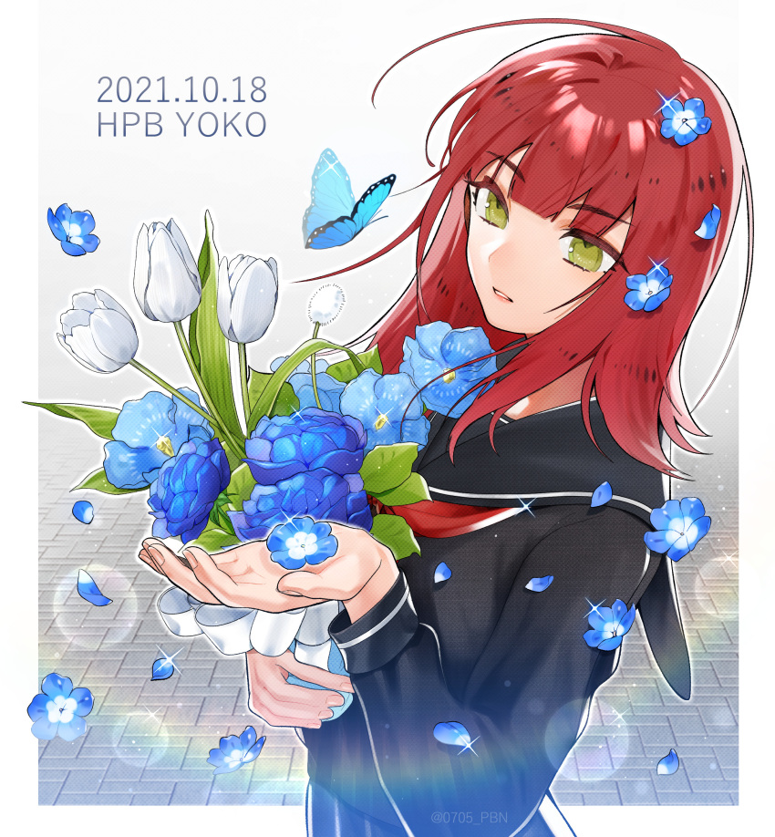 absurdres black_serafuku black_shirt blouse blue_flower bouquet bug butterfly character_name cowboy_shot dated falling_petals female flower green_eyes hand_up happy_birthday highres holding holding_bouquet katori_youko long_hair long_sleeves neck_ribbon parted_lips pbn_(user_cdey3224) petals red_hair red_ribbon ribbon sailor_collar school_uniform serafuku shirt solo standing white_background world_trigger