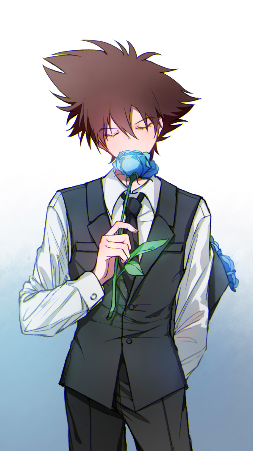 1boy absurdres arm_behind_back bad_id bad_pixiv_id black_necktie black_pants blue_flower blue_rose bouquet brown_hair chinese_commentary closed_eyes commentary_request covering_own_mouth digimon digimon_adventure_tri. facing_viewer flower gradient_background hair_between_eyes highres holding holding_bouquet holding_flower layla_836829767 legs_apart long_sleeves male_focus necktie pants partial_commentary rose shirt short_hair solo standing vest white_shirt yagami_taichi