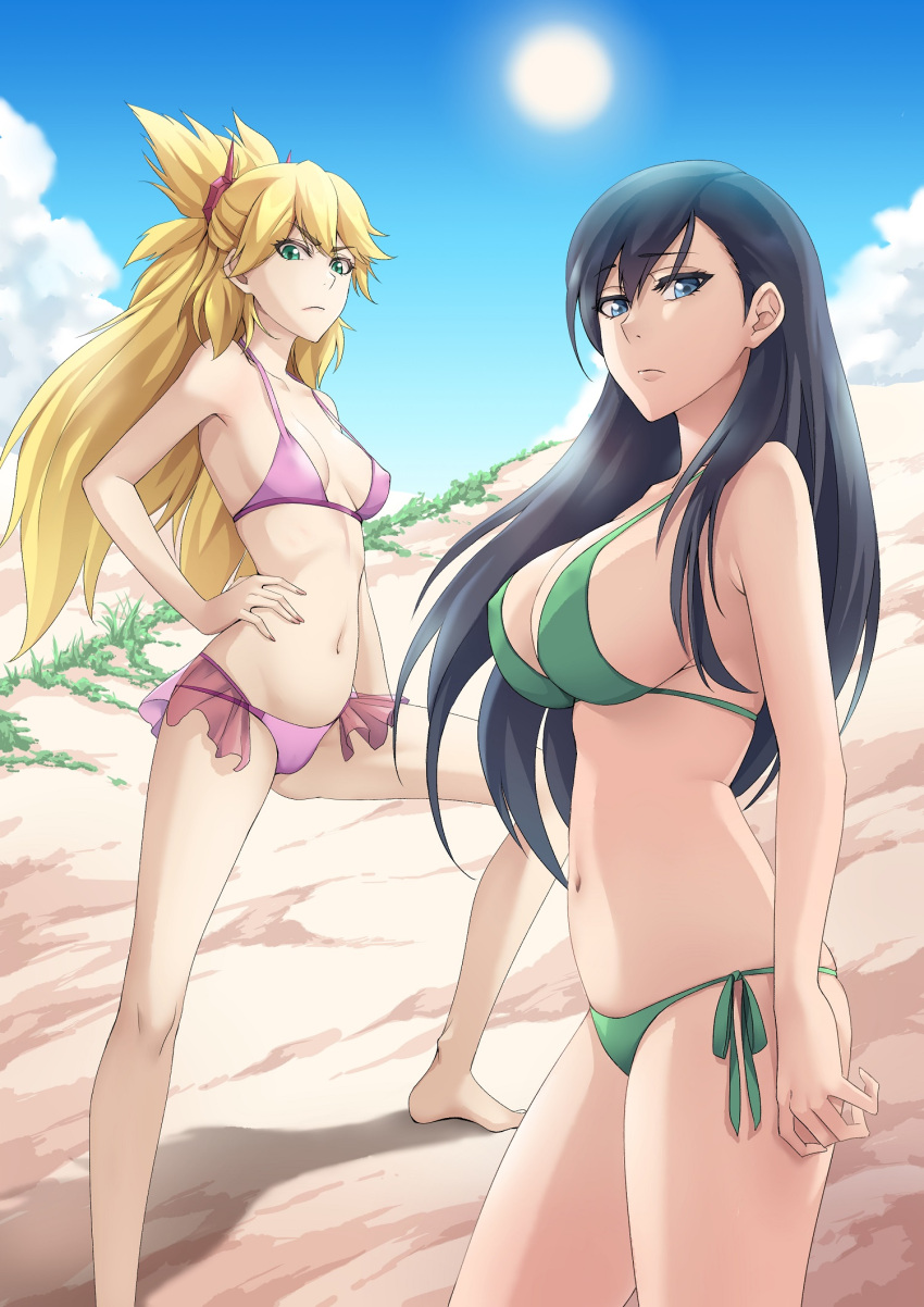 2girls barefoot bikini black_hair blonde_hair blue_eyes blue_sky breasts burn_the_witch cleavage closed_mouth commentary covered_nipples cowboy_shot day foot_out_of_frame frown green_bikini green_eyes hair_between_eyes halterneck hand_on_own_hip highres large_breasts long_hair looking_at_viewer multiple_girls navel niihashi_noel ninny_spangcole outdoors pink_bikini sakuya_(liao_kj) side-tie_bikini_bottom sky standing straight_hair strap_gap string_bikini summer sun swimsuit very_long_hair