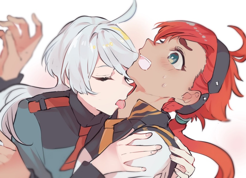 2girls ahoge aqua_eyes asticassia_school_uniform black_hairband blush closed_eyes commentary_request ear_blush grey_hair gundam gundam_suisei_no_majo hairband licking licking_another's_neck low_ponytail mikan-uji miorine_rembran multiple_girls open_mouth red_hair school_uniform shoulder_boards suletta_mercury teeth tongue tongue_out upper_teeth_only yuri