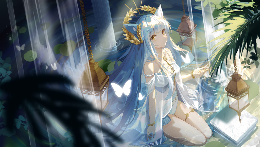 animal_ear_fluff animal_ears arknights armband bikini blunt_bangs breasts bug butterfly chains chinese_commentary cleavage closed_mouth collarbone commentary criss-cross_halter eyebrows female gold hair_over_shoulder halterneck hanging_lantern highres horse_ears horse_girl jewelry lantern laurel_crown light_rays long_hair looking_up medium_breasts midriff off_shoulder official_alternate_costume pillow plant platinum_(arknights) platinum_(shimmering_dew)_(arknights) see-through seiza sitting solo sunlight swimsuit teatix temple thighlet touching vegetation water waterfall wet white_bikini white_butterfly white_hair yellow_eyes