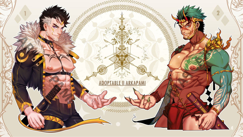 2boys abs adoptable arkapami arm_tattoo bara bare_pectorals beckoning black_hair black_pants bulge chest_harness chest_tattoo cropped_legs english_commentary facial_hair facial_mark fake_horns fingernails fur-trimmed_jacket fur_trim goatee green_hair green_nails harness highres horned_headwear horns jacket latex_pants light_brown_hair looking_at_viewer male_focus multicolored_hair multiple_boys muscular muscular_male navel navel_hair nipples open_clothes open_jacket original pants pectorals pelvic_curtain revealing_clothes sharp_fingernails sheath sheathed short_hair sideburns smirk stomach streaked_hair tattoo