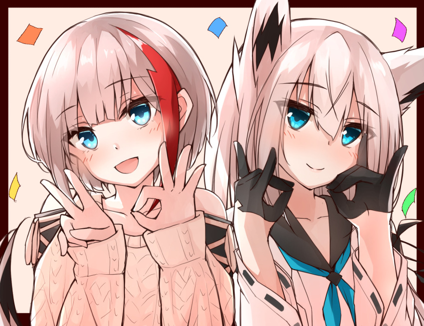 2girls :d admiral_graf_spee_(azur_lane) admiral_graf_spee_(peaceful_daily_life)_(azur_lane) animal_ears aqua_eyes azur_lane black_gloves black_hair blush border brown_border commentary_request detached_sleeves eyes_visible_through_hair fox_ears fox_shadow_puppet gloves highres kawakaze_(azur_lane) lips long_hair long_sleeves looking_at_viewer multicolored_hair multiple_girls neckerchief ok_sign open_mouth red_hair ryou_(ryo_217cafe) sidelocks simple_background smile tail upper_body v white_background white_hair