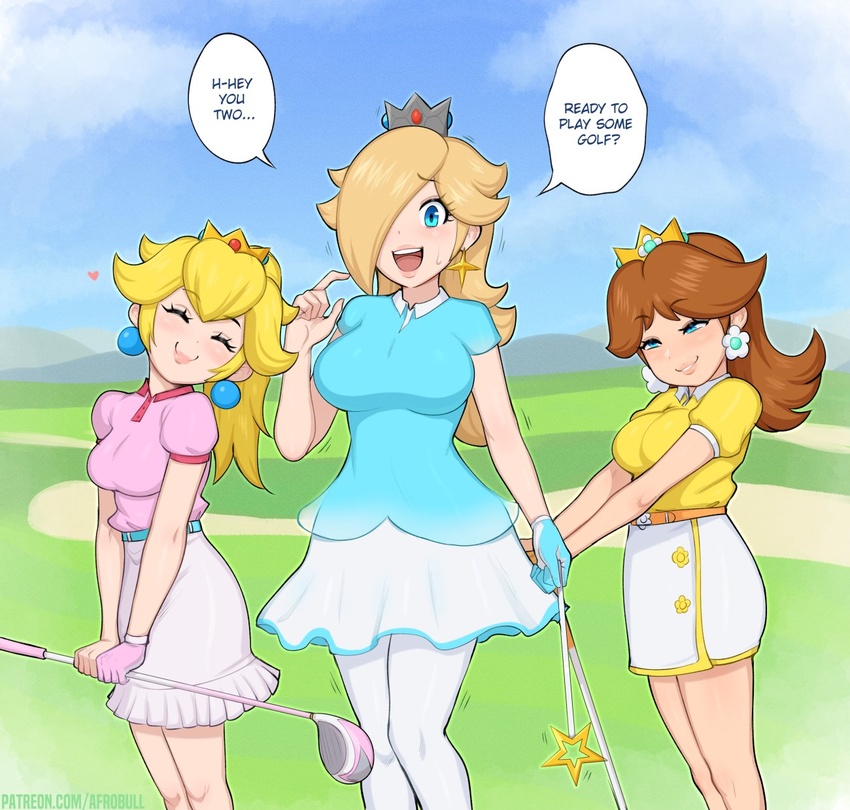 3girls afrobull alternate_breast_size bad_id bad_twitter_id blonde_hair blue_eyes breasts commentary crown dress earrings english_commentary english_text golf_daisy golf_peach golf_rosalina hair_over_one_eye high-waist_skirt highres instant_loss jewelry lips long_hair looking_at_viewer mario_(series) mario_golf mario_golf:_super_rush multiple_girls official_alternate_costume open_mouth pantyhose princess_daisy princess_peach rosalina skirt smile speech_bubble sphere_earrings star_(symbol) star_earrings white_pantyhose