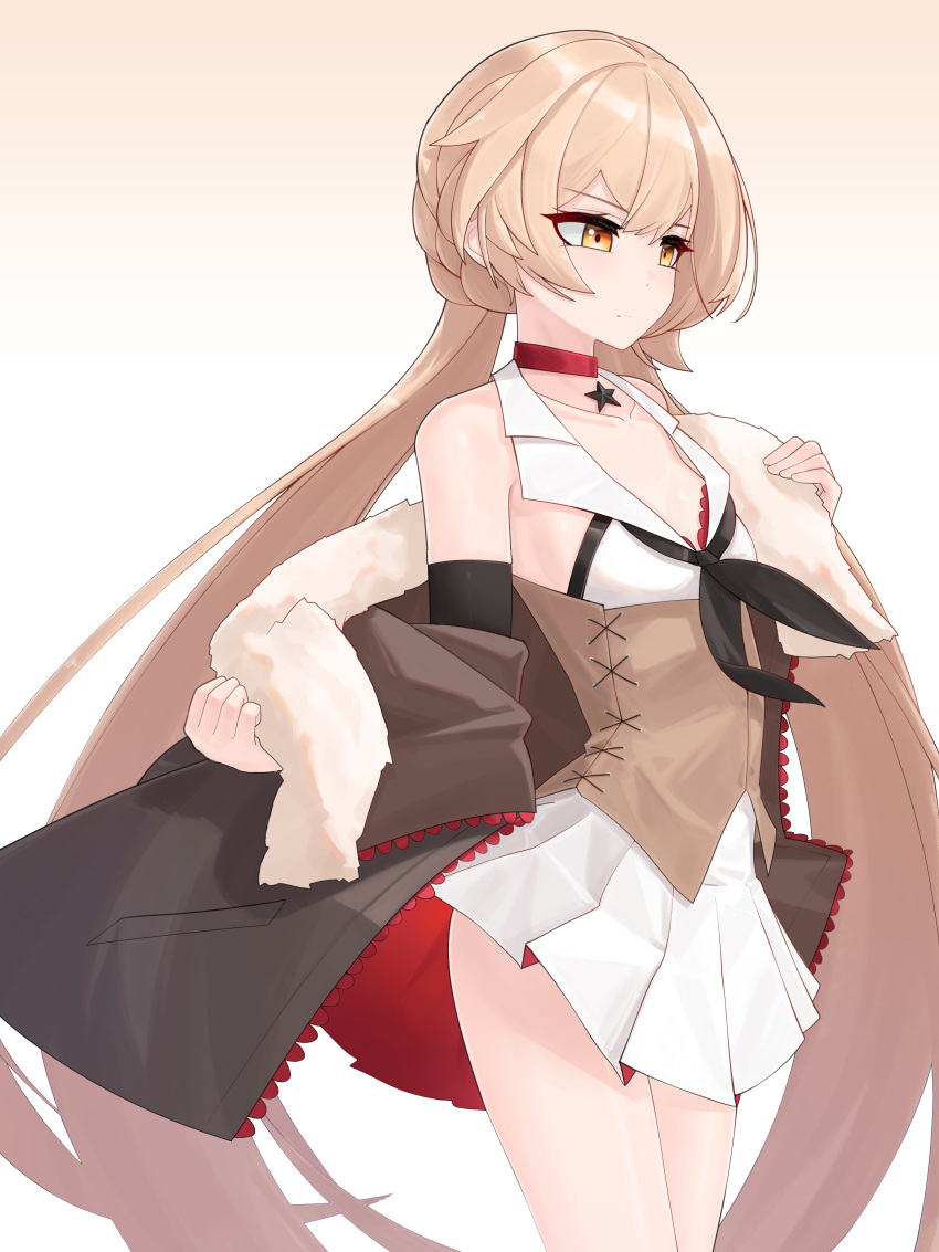 absurdres bare_shoulders blonde_hair breasts choker cowboy_shot dated_commentary detached_sleeves female fur-trimmed_jacket fur_trim girls'_frontline highres jacket long_hair nabiyan open_clothes open_jacket ots-14_(girls'_frontline) pleated_skirt red_choker removing_jacket skirt sleeveless small_breasts solo star_(symbol) twintails very_long_hair white_skirt yellow_eyes