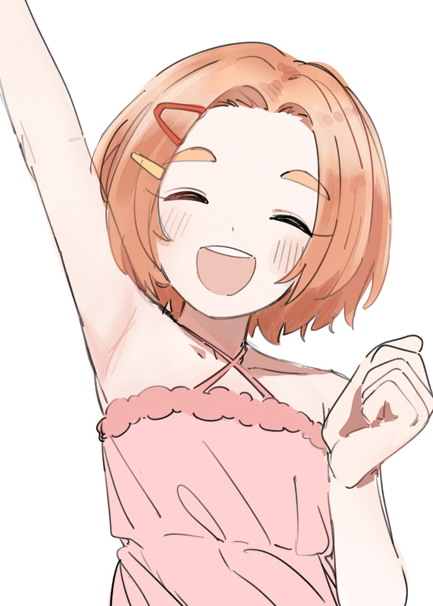 ^_^ absurdres arm_up armpits bare_shoulders blush clenched_hand closed_eyes collarbone criss-cross_halter dress facing_viewer female forehead halterneck highres idolmaster idolmaster_cinderella_girls meeeeeeco359 orange_hair outstretched_arm pink_dress ryuzaki_kaoru short_hair smile solo teeth upper_body upper_teeth_only