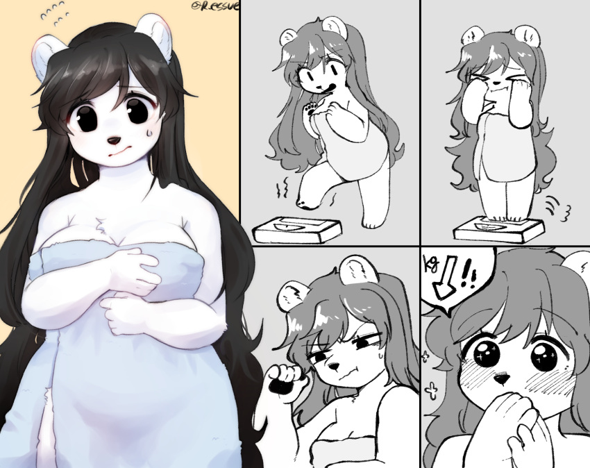 2020 5_fingers anthro bear big_breasts black_hair blush blush_lines bodily_fluids breasts cleavage clothed clothing feet female female_anthro fingers fur hair hi_res kemono long_hair looking_at_viewer mammal nervous ressue simple_background slightly_chubby slightly_chubby_female snout solo sweat toes towel weighing_scale white_body white_fur yellow_background