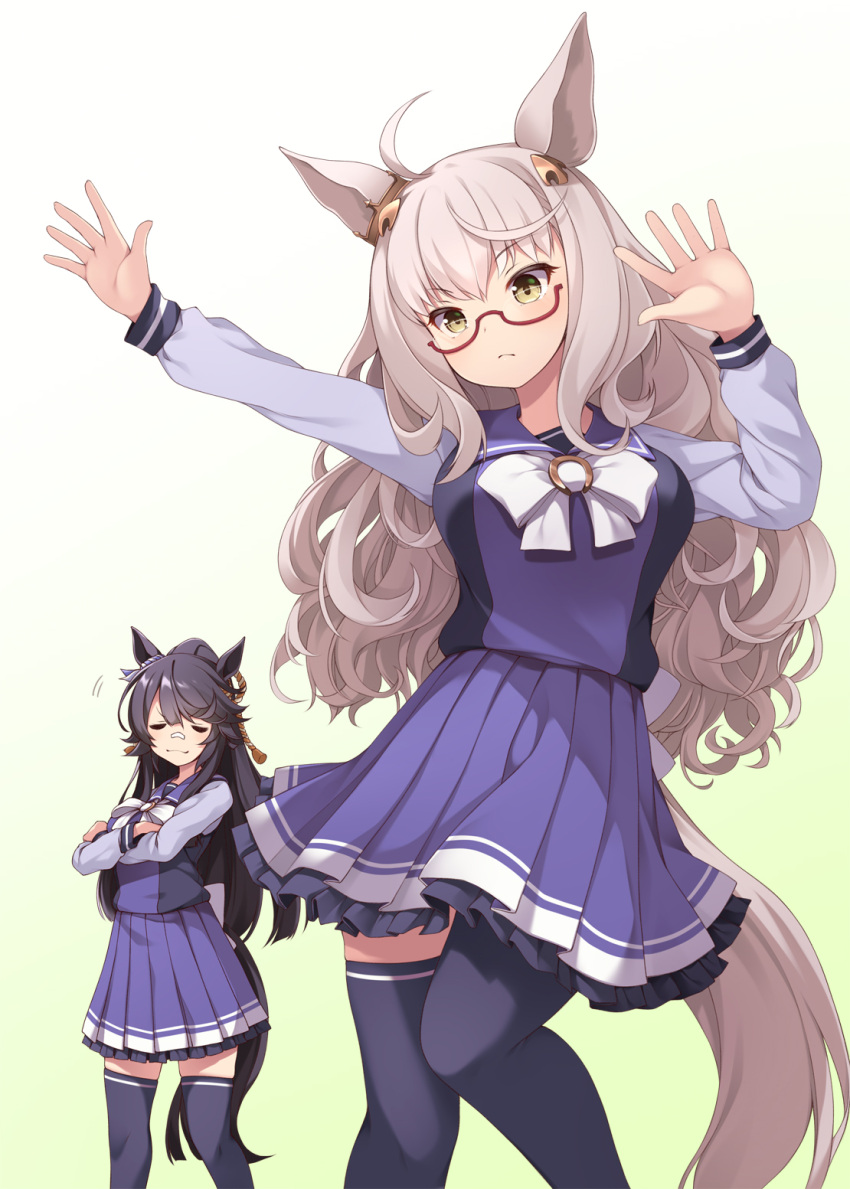 2girls ahoge animal_ears bandaid bandaid_on_face bandaid_on_nose biwa_hayahide_(umamusume) black_hair black_legwear blush closed_eyes closed_mouth crossed_arms feet_out_of_frame glasses gradient_background highres horse_ears horse_girl horse_tail long_hair long_sleeves mofu_namako motion_lines multiple_girls narita_brian_(umamusume) pleated_skirt purple_skirt red-framed_eyewear school_uniform semi-rimless_eyewear siblings sisters skirt tail thighhighs tracen_school_uniform umamusume wavy_hair white_hair yellow_eyes