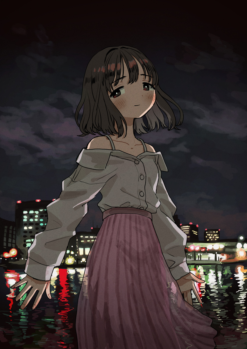 absurdres bare_shoulders black_eyes black_hair blush bright_pupils buttons cityscape closed_mouth cloud cloudy_sky collarbone cowboy_shot female half-closed_eyes highres light_smile long_skirt long_sleeves looking_at_viewer medium_hair night original outdoors pink_skirt reflection shirt skirt sky solo standing white_pupils white_shirt zinbei