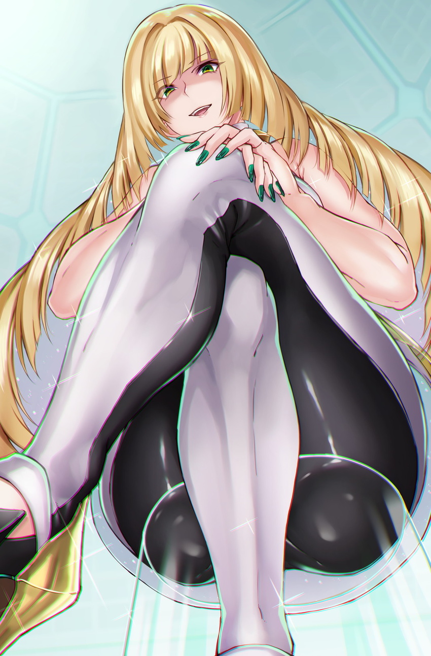 ass bare_shoulders blonde_hair blush commentary_request crossed_legs dress eyes_visible_through_hair female from_below glass_chair green_eyes green_nails hair_over_one_eye hands_on_own_knee highres hikari_(komitiookami) legs long_hair looking_at_viewer looking_down lusamine_(pokemon) nail_polish open_mouth own_hands_together pokemon pokemon_sm revision short_dress sitting smile solo teeth thighs transparent_seat upper_teeth_only very_long_hair white_dress