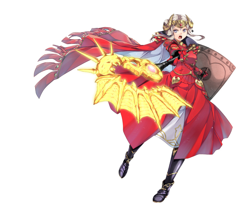 armor axe aymr_(fire_emblem) breasts cape commentary_request edelgard_von_hresvelg fake_horns female fire_emblem fire_emblem:_three_houses full_body gloves hair_ornament highres holding holding_axe horned_headwear horns large_breasts long_hair long_sleeves looking_at_viewer purple_eyes red_cape shield simple_background sinosinof smile solo white_hair