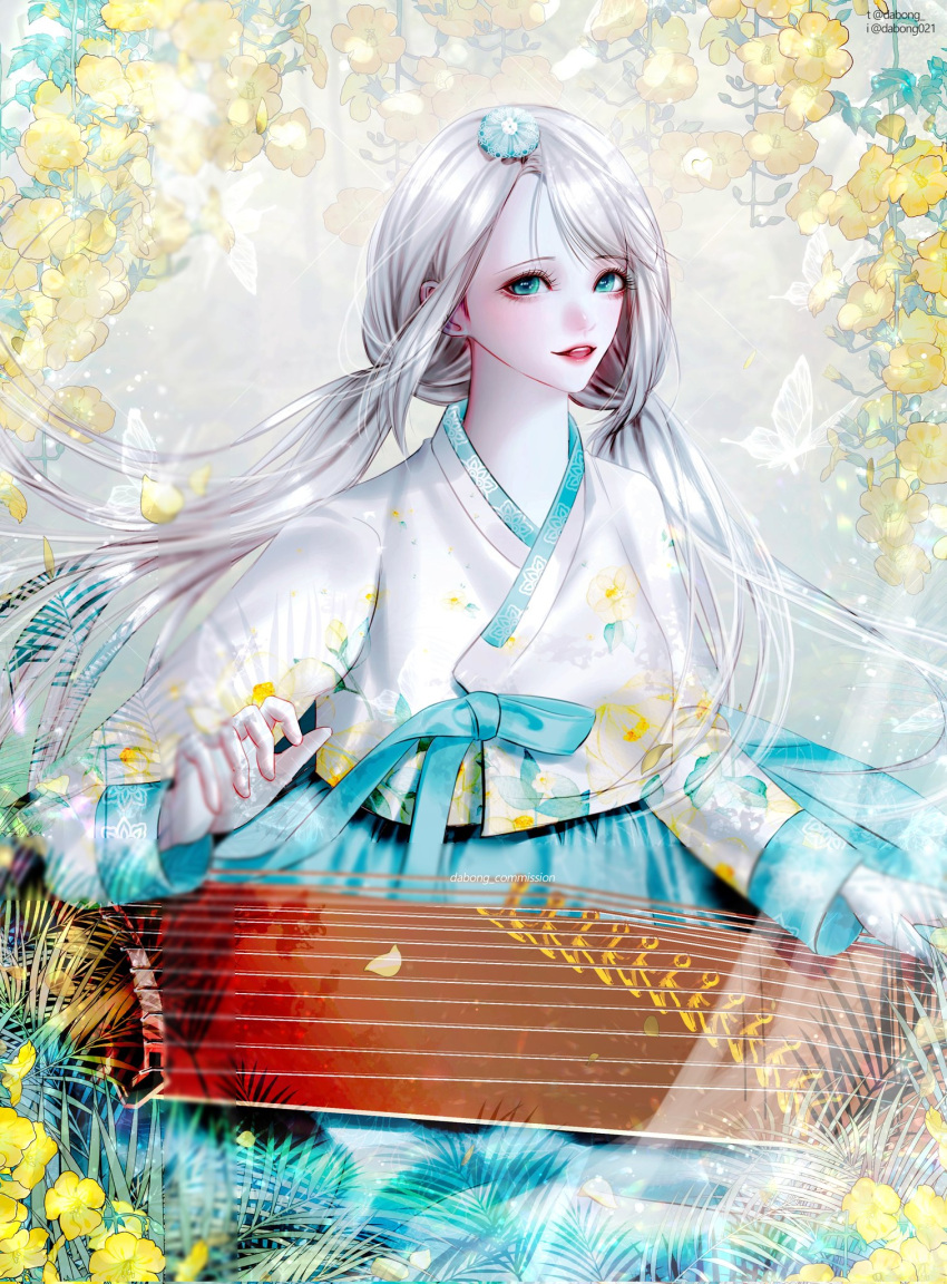 aqua_bow aqua_eyes bow bug butterfly dabong female floral_print flower gayageum_(instrument) hanbok highres instrument korean_clothes korean_commentary leaf lens_flare long_hair long_sleeves music original petals playing_instrument solo sparkle swept_bangs trumpet_creeper twintails watermark white_butterfly yellow_flower zither