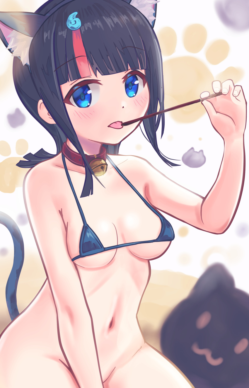 absurdres animal_ears bare_shoulders bell bikini black_hair blue_bikini blue_eyes blush breasts cat_ears cat_girl cat_tail cleavage collar collarbone fate/grand_order fate/requiem fate_(series) female food highres jingle_bell looking_at_viewer medium_breasts medium_hair multicolored_hair neck_bell pan_korokorosuke paw_print pink_hair pocky sidelocks solo streaked_hair swimsuit tail tongue tongue_out utsumi_erice