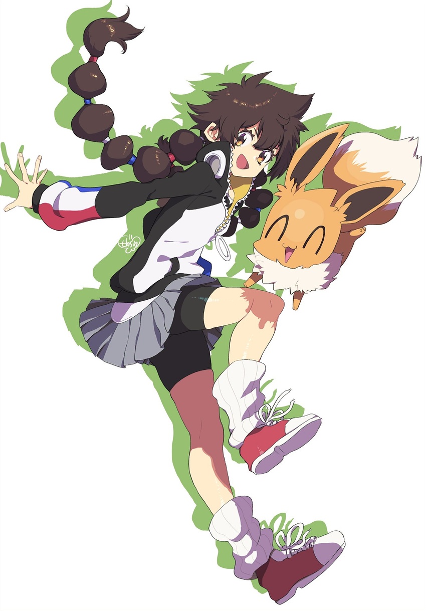 :d bike_shorts bike_shorts_under_skirt brown_eyes brown_hair commentary_request eevee eyelashes female floating_hair full_body gotcha! gotcha!_girl_(pokemon) grey_skirt happy highres jacket knees leg_up leg_warmers long_hair long_sleeves looking_at_viewer looking_down multi-tied_hair murata_tefu open_mouth pleated_skirt pokemon pokemon_(creature) red_footwear shoes simple_background skirt smile sneakers tongue twintails white_background white_legwear zipper zipper_pull_tab