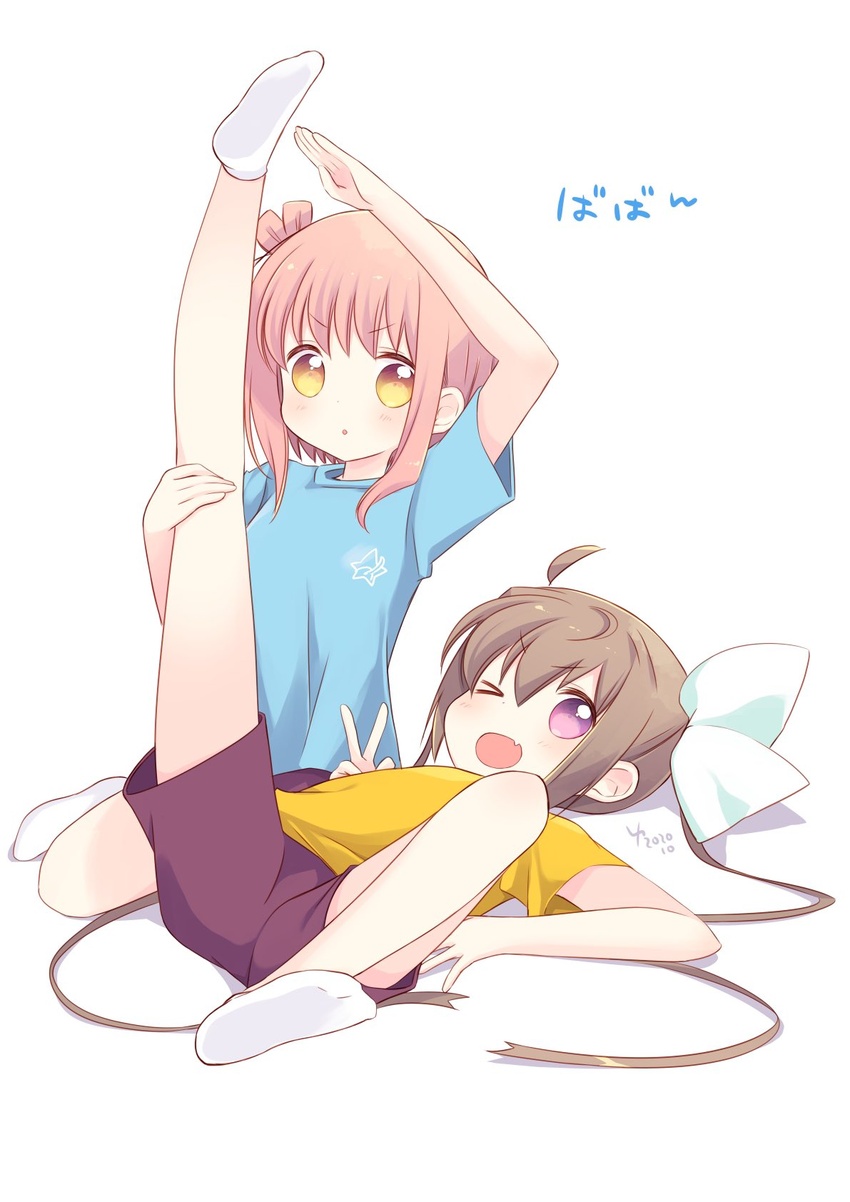 2girls blue_shirt bow brown_eyes brown_hair brown_shorts dated highres ichinose_hana light_brown_hair lying momochi_tamate multiple_girls oerba_yun_fang on_back one_eye_closed one_side_up purple_eyes shirt short_socks shorts sitting slow_start socks t-shirt tokumi_yuiko translated twintails v white_legwear yellow_shirt