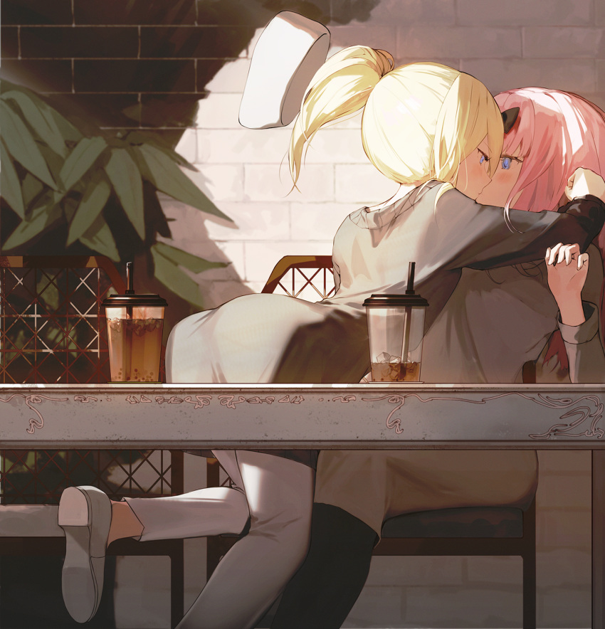 2girls @_@ ass awkward between_legs black_bow black_dress black_legwear blonde_hair blue_eyes blush bow brick_wall bubble_tea cafe chinese_commentary commentary_request dress drink drinking_straw eye_contact fujiwara_chika grey_dress hair_between_eyes hairbow hayasaka_ai highres ice iced_tea indoors kaguya-sama_wa_kokurasetai_~tensai-tachi_no_renai_zunousen~ kissing long_sleeves looking_at_another medium_hair muike multiple_girls outline pants pink_hair plant pouncing side_ponytail sidelocks surprise_kiss surprised table white_footwear white_headwear white_pants yuri