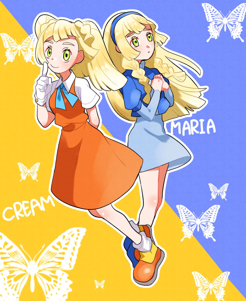 2girls aria_pkmn blonde_hair blue_dress blue_hairband blue_ribbon body_blush braid butterfly_background character_name closed_mouth commentary_request cosplay cream_the_rabbit cream_the_rabbit_(cosplay) dress eyelashes gloves green_eyes hairband hands_up highres lillie_(nihilego) lillie_(pokemon) long_hair looking_up loose_socks maria_robotnik maria_robotnik_(cosplay) multiple_girls neck_ribbon orange_dress orange_footwear outline own_hands_together parted_lips pokemon pokemon_sm purple_background ribbon shirt shoes short_sleeves smile socks sonic_(series) twin_braids white_gloves white_legwear white_shirt yellow_background