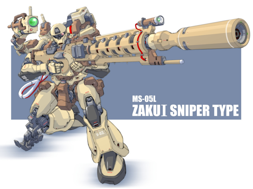 aiming backpack bag beam_rifle cable camera character_name commentary_request energy_gun generator gun gundam gundam_unicorn looking_to_the_side mao_(6r) mecha no_humans on_one_knee one-eyed pink_eyes redesign rifle robot sniper_rifle solo weapon zaku zaku_i_sniper_type