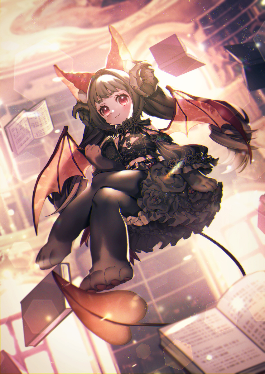 absurdres alcremie animal_ears animal_hands bat_wings black_dress black_hair book clenched_hand crossed_legs demon_tail dress female floating full_body highres indoors lens_flare levitation long_hair moe_(hamhamham) open_book personification pokemon red_eyes solo tail twintails wings