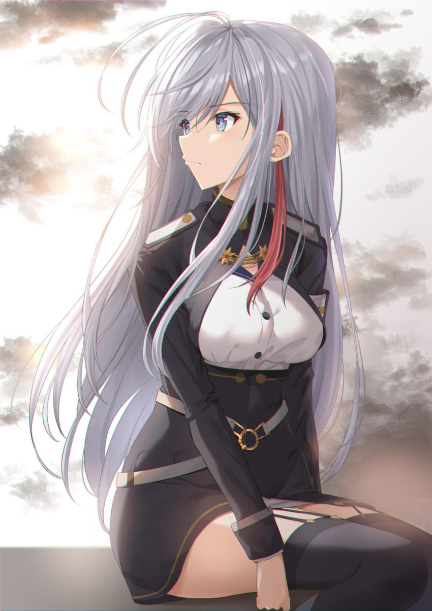 86_-eightysix- black_skirt black_thighhighs blue_eyes breasts closed_mouth commentary_request day dress_shirt female garter_straps grey_hair hair_between_eyes high-waist_skirt highres kanaria_hisagi long_hair long_sleeves looking_back medium_breasts military military_uniform miniskirt multicolored_hair outdoors red_hair shirt sitting skirt solo straight_hair streaked_hair thighhighs uniform very_long_hair vladilena_millize white_shirt zettai_ryouiki