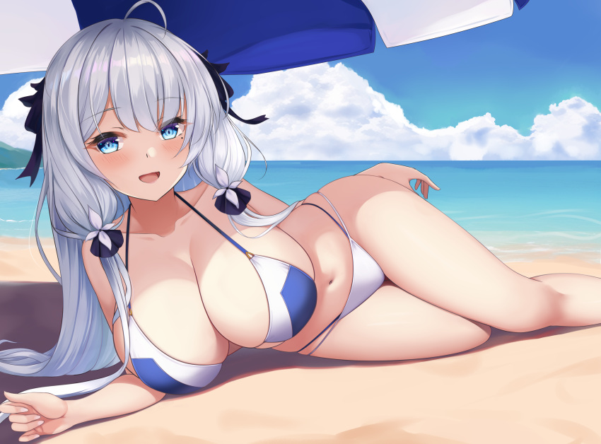 alternate_costume azur_lane beach beach_umbrella bikini blue_bikini blue_eyes breasts chinese_commentary commentary_request day feet_out_of_frame female hair_ribbon highres illustrious_(azur_lane) large_breasts long_hair looking_at_viewer lying navel on_side open_mouth outdoors revision ribbon sand shenqi_(toid310) skindentation solo summer swimsuit two-tone_bikini umbrella very_long_hair water white_bikini white_hair