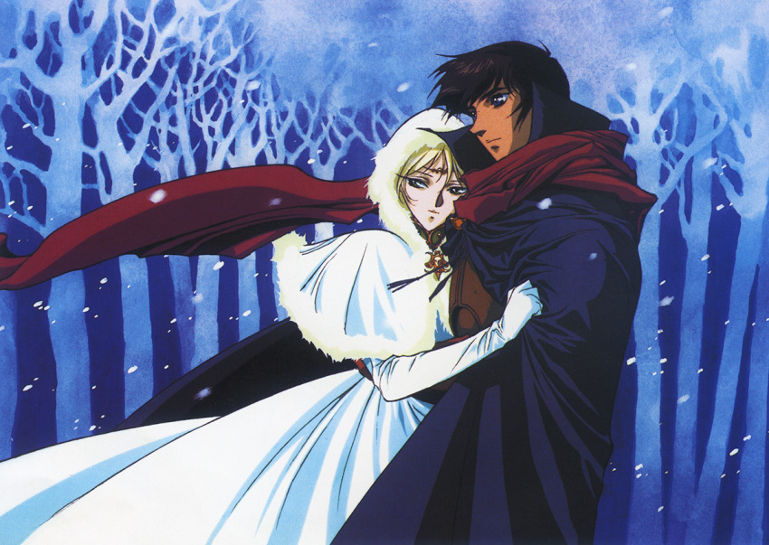 1990s_(style) 1boy blonde_hair blue_eyes brown_hair cloak couple deedlit dress elbow_gloves female forest gloves green_eyes hood hood_up hug nature non-web_source official_art outdoors parn_(lodoss) protecting record_of_lodoss_war red_scarf retro_artstyle scan scarf snowing straight white_dress yuuki_nobuteru