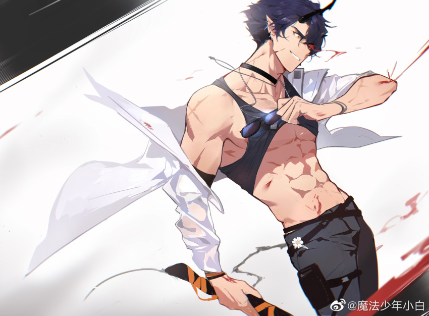 1boy abs arknights bara black_hair blood flamebringer_(arknights) flamebringer_(casual_vacation)_(arknights) from_side large_pectorals looking_ahead magicxbai male_focus muscular muscular_male navel official_alternate_costume orange_eyes pectorals pointy_ears short_hair smirk solo stomach sunglasses thick_eyebrows