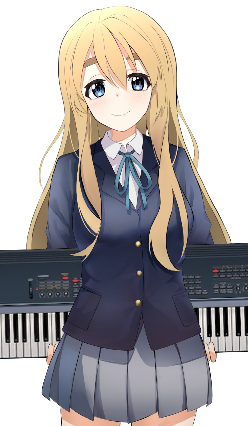 absurdres aranya0219 arms_behind_back bad_id bad_pixiv_id blazer blonde_hair blue_eyes blush breasts closed_mouth collared_shirt cowboy_shot eyebrows_hidden_by_hair female hair_between_eyes highres instrument jacket k-on! keyboard_(instrument) kotobuki_tsumugi long_hair looking_at_viewer miniskirt neck_ribbon pleated_skirt ribbon sakuragaoka_high_school_uniform school_uniform shirt sidelocks simple_background skirt smile solo tareme thick_eyebrows white_background winter_uniform