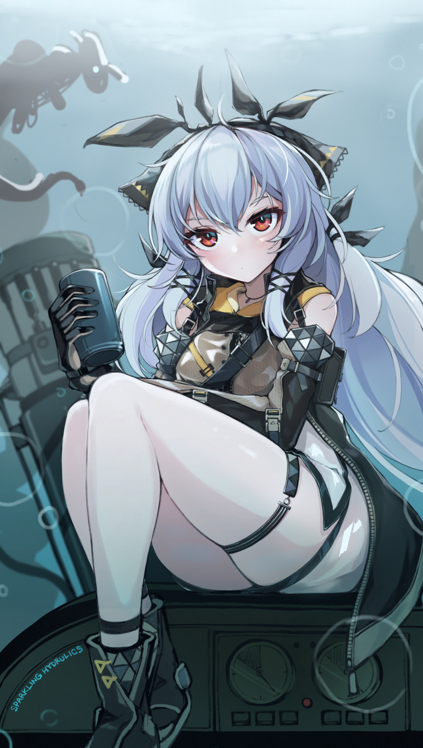 :o absurdres ahoge air_bubble ankle_strap arknights artist_name bad_id bad_pixiv_id black_gloves blush boots bow breasts bubble can closed_mouth commentary cup detached_sleeves elbow_gloves english_commentary eyebrows_hidden_by_hair female full_body gloves grey_hair hair_between_eyes hair_ribbon hairbow highres holding holding_can holding_cup jacket jewelry leaf_(arknights) long_hair long_sleeves looking_at_viewer machine necklace no_nose purerin quad_tails red_eyes ribbon shoes sidelocks sitting solo thigh_strap thighs tied_hair underwater weedy_(arknights) white_hair