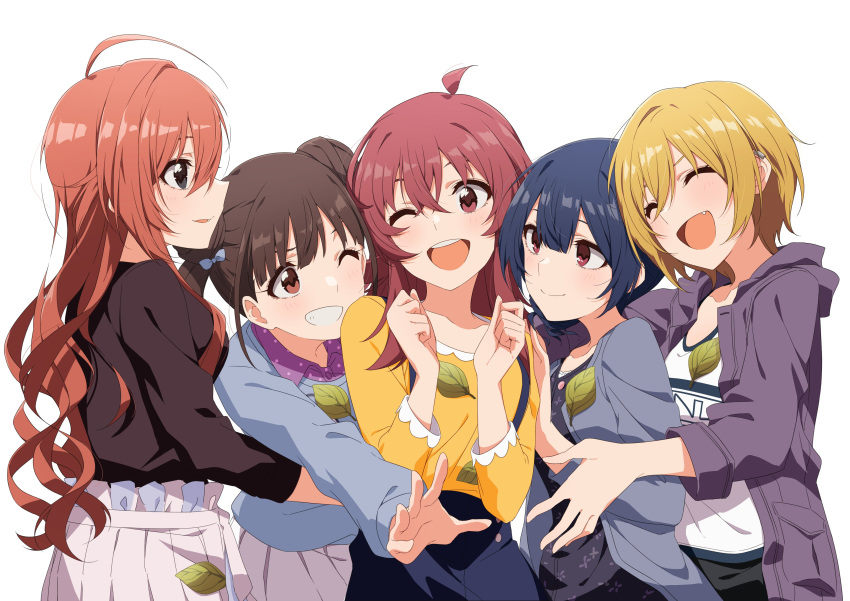 5girls :d ;d ^_^ absurdres ahoge arisugawa_natsuha black_eyes black_hair blonde_hair brown_eyes brown_hair closed_eyes commentary_request double_bun earrings girl_sandwich grin hair_between_eyes hair_bun highres hood hooded_jacket houkago_climax_girls_(idolmaster) idolmaster idolmaster_shiny_colors jacket jewelry komiya_kaho leaf long_hair long_sleeves morino_rinze multiple_girls nagami_tami oerba_yun_fang one_eye_closed open_mouth orange_hair red_hair saijo_juri sandwiched shirt short_hair smile sonoda_chiyoko twintails white_background yellow_shirt