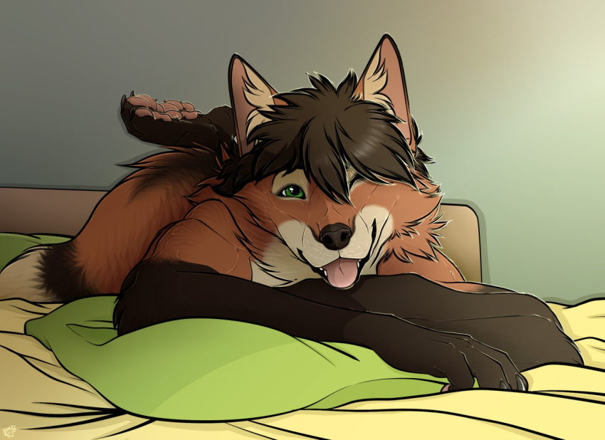 anthro bed black_arms black_legs black_nose canid canine fox fur furniture green_eyes green_pillow happy legs_up male mammal nude one_eye_closed orange_body orange_fur patrikthedog pillow smile solo teeth tongue tongue_out white_body white_fur