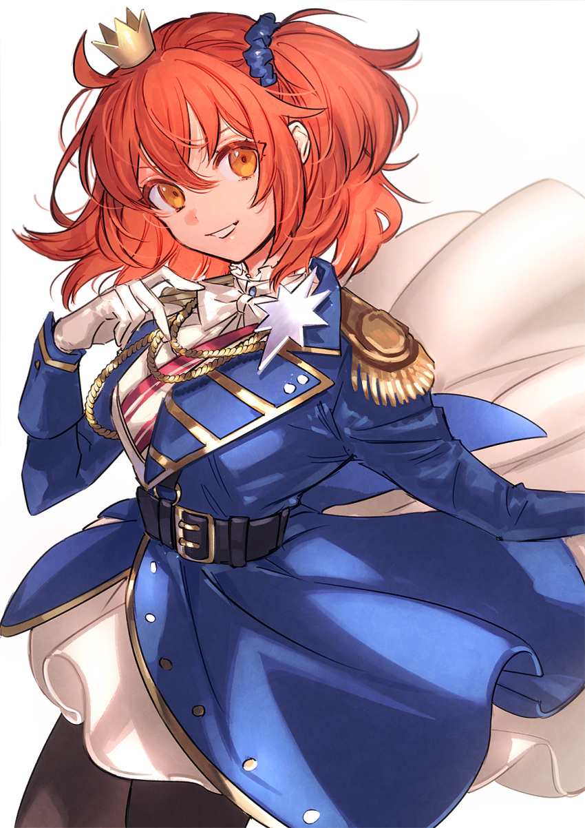 ahoge belt belt_buckle black_belt black_pantyhose blue_coat blue_scrunchie bow bowtie buckle coat commentary_request crown dress epaulettes fate/grand_order fate_(series) female fujimaru_ritsuka_(female) fujimaru_ritsuka_(female)_(halloween_royalty) gloves gold_trim hair_ornament hair_scrunchie highres long_sleeves looking_at_viewer medium_hair military_coat mini_crown official_alternate_costume orange_eyes orange_hair pantyhose scrunchie simple_background smile solo uni_(nico02) white_background white_bow white_bowtie white_dress white_gloves