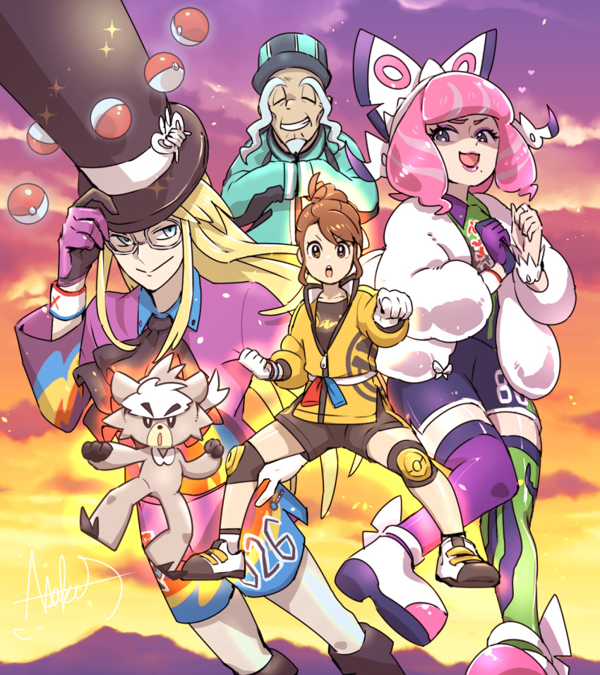 2boys 2girls asakihayato avery_(pokemon) blonde_hair blue_eyes blush bow brown_eyes brown_hair coat commentary_request floating floating_object fur_coat glasses gloria_(pokemon) gloves hairband hairbow hat heart highres jacket klara_(pokemon) kubfu long_hair long_sleeves looking_at_viewer mole mole_under_mouth multiple_boys multiple_girls mustard_(pokemon) old old_man open_mouth pink_hair poke_ball poke_ball_(basic) pokemon pokemon_(creature) pokemon_swsh print_shirt print_shorts print_thighhighs round_eyewear shaded_face shirt shoes short_hair shorts single_glove smile telekinesis thighhighs top_hat white_bow white_coat white_hairband