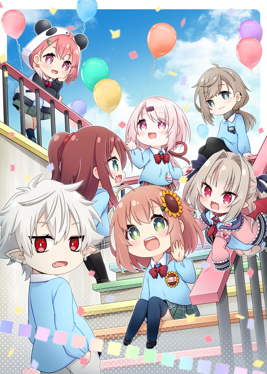 2boys 5girls :d akabane_youko animal_ears animal_hood balloon black_footwear black_socks black_thighhighs blue_shirt blue_sky blush brown_hair chibi cloud collared_shirt commentary_request confetti day demon_wings ear_piercing earrings eyes_visible_through_hair fake_animal_ears flower flying green_eyes green_skirt grey_eyes grey_skirt hair_flower hair_intakes hair_ornament hairclip highres honma_himawari hood hood_up hooded_jacket jacket jewelry kadose_ara kanae_(nijisanji) kindergarten_uniform kuzuha_(nijisanji) loafers long_hair long_sleeves low_ponytail makaino_ririmu mole mole_under_eye multicolored_hair multiple_boys multiple_girls nijisanji nijisanji_gamers oerba_yun_fang one_side_up open_clothes open_jacket panda_ears panda_hood piercing pink_hair pink_jacket plaid plaid_skirt pleated_skirt pointy_ears ponytail purple_eyes railing red_eyes red_skirt red_wings sasaki_saku sasaki_saku_(1st_costume) shiina_yuika shirt shoes sitting sitting_on_stairs skirt sky sleeves_past_fingers sleeves_past_wrists smile socks stairs streaked_hair sunflower sunflower_hair_ornament thighhighs very_long_hair virtual_youtuber white_hair white_jacket wings