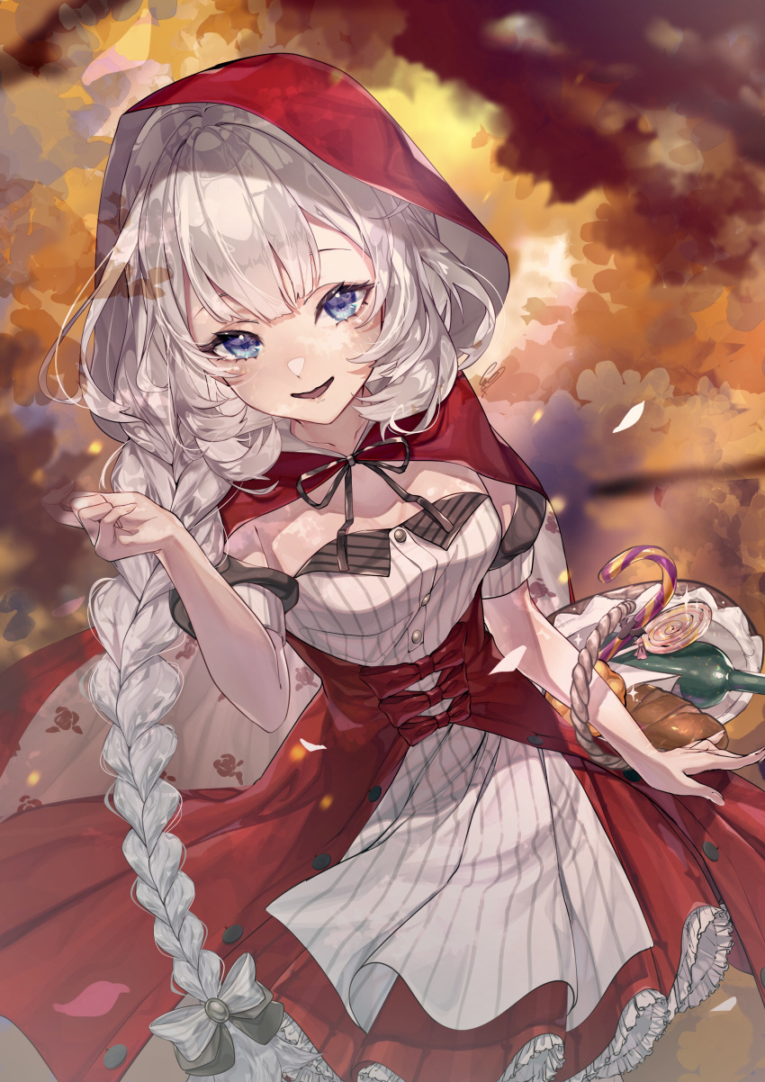 absurdres basket blue_eyes bottle braid breasts candy candy_cane cape cuso4_suiwabutu dress fate/grand_order fate_(series) female food from_above highres holding holding_basket hood hooded_cape lollipop long_braid long_hair marie_antoinette_(fate) marie_antoinette_(festival_outfit)_(fate) official_alternate_costume red_cape red_dress single_braid small_breasts solo very_long_hair white_hair