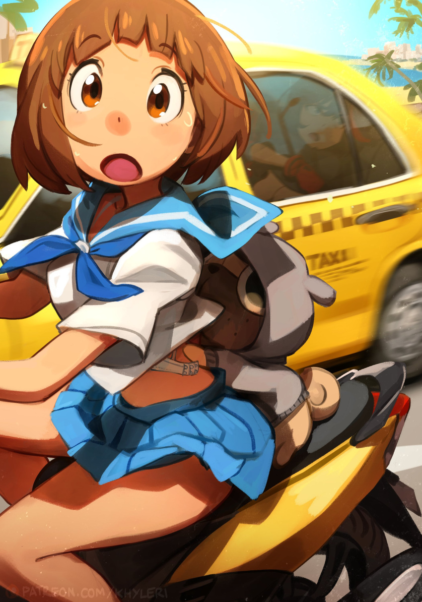 2girls absurdres blue_sailor_collar blue_skirt blue_sky blunt_bangs bra brown_eyes brown_hair canine car clothes_lift cloud day english_commentary flashing guts_(kill_la_kill) highres khyle. kill_la_kill looking_at_viewer mankanshoku_mako matoi_ryuuko midriff miniskirt motor_vehicle motorcycle multiple_girls open_bra open_mouth pleated_skirt riding rolling_eyes sailor_collar school_uniform serafuku shirt shirt_lift short_hair skirt sky solo_focus taxi underwear undressing white_shirt