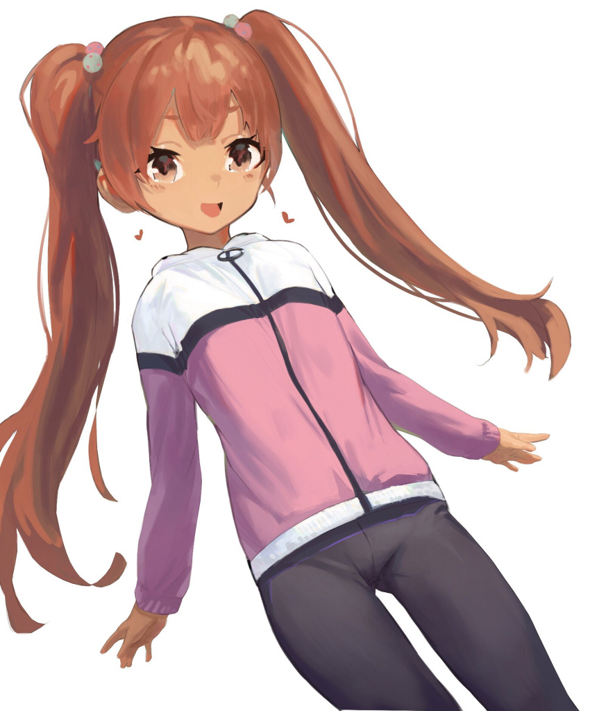 black_pants brown_eyes brown_hair cowboy_shot female had_(had314) highres jacket kantai_collection libeccio_(kancolle) long_hair looking_at_viewer multicolored_clothes multicolored_jacket official_alternate_costume pants simple_background solo twintails two-tone_jacket white_background